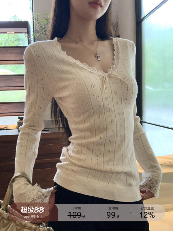 针织衫女早秋氛围感穿搭蕾丝上衣韩系v领修身显瘦长袖毛衣|undefined