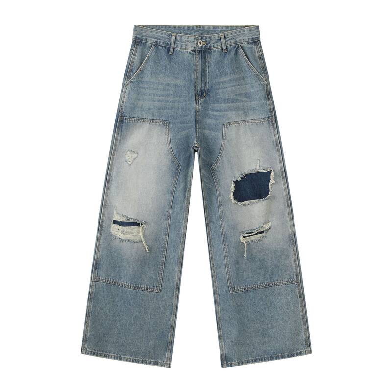 Quần jeans nam dáng rộng ống đứng phong cách Mỹ, wash xước rách phối vải — màu xanh