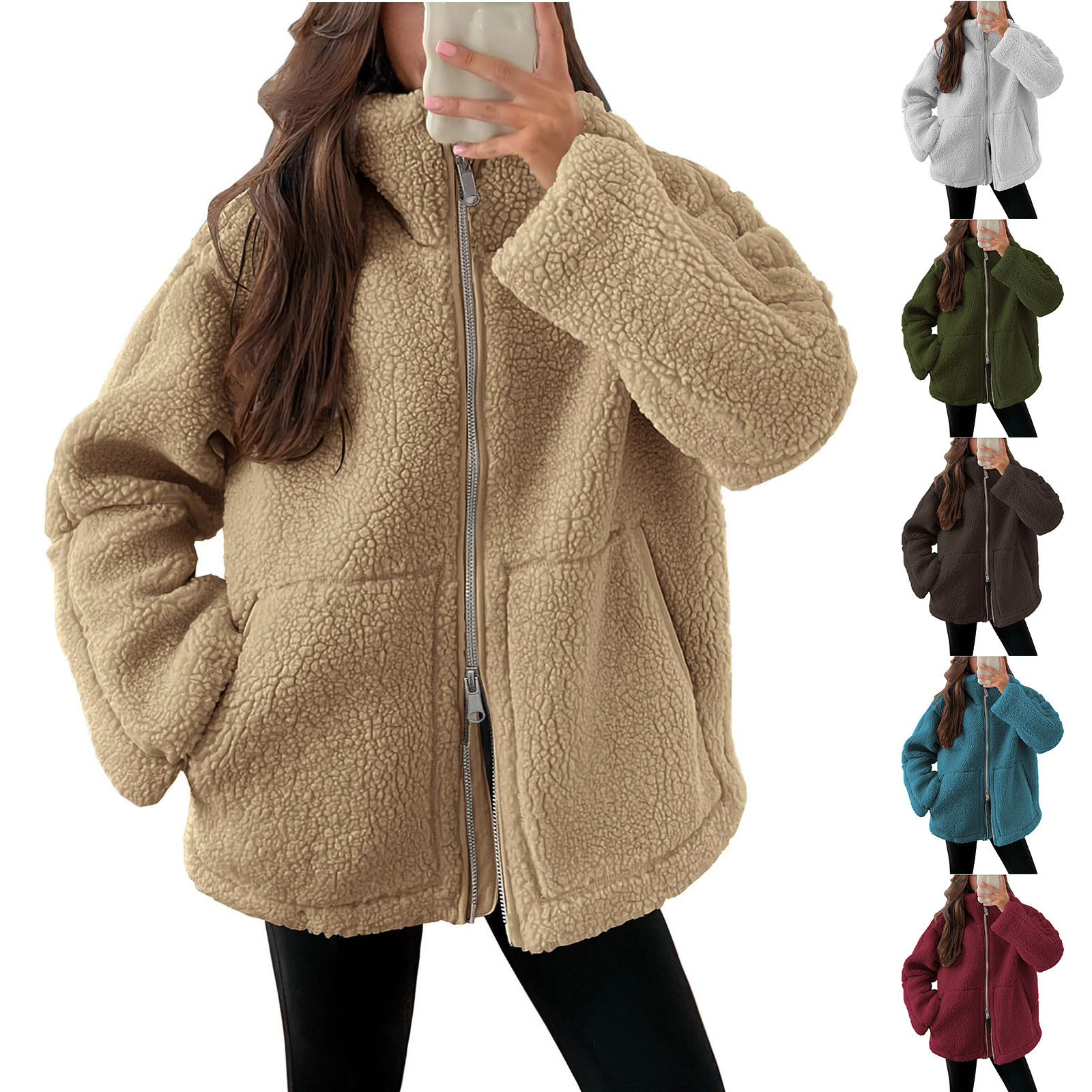 Amazon Ebay Cross-Border European and American Autumn and Winter New Women's Pure Color Lamb Wool Turtleneck Woolen Jacket Ready for Sale