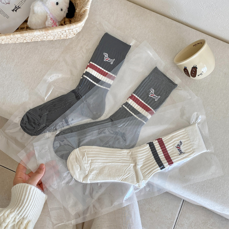Vacuum-Packed Autumn and Winter Ins-Style Striped Dachshund Embroidered Mid-Tube British Retro Slouch Socks for Women Korean Version Cotton