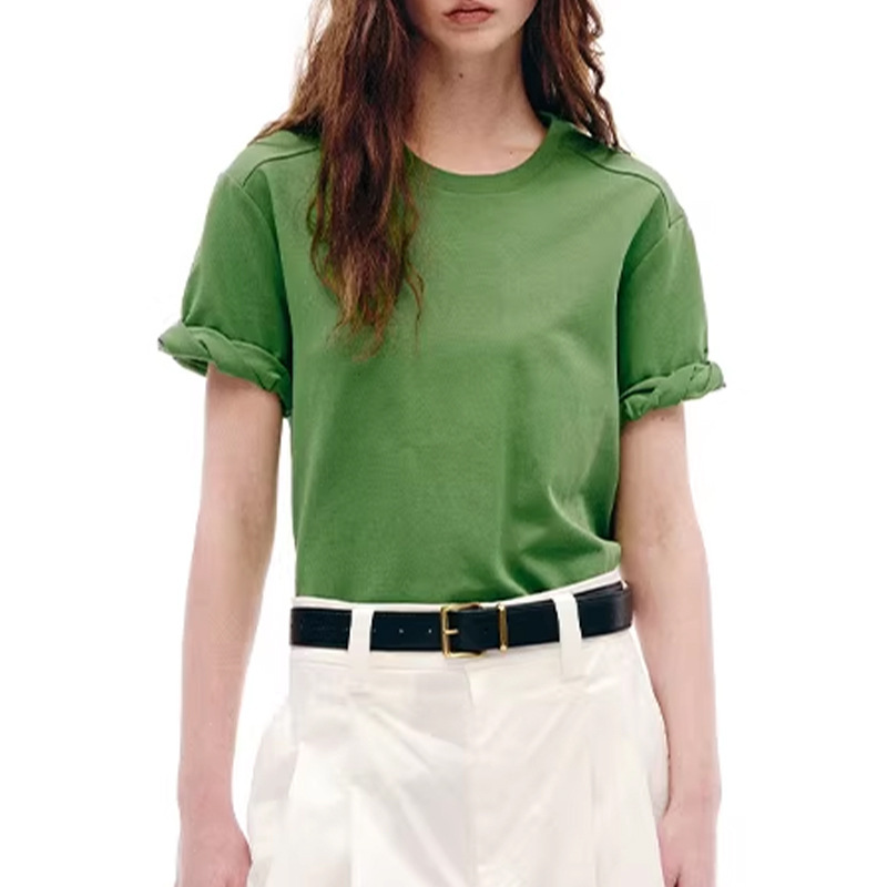 Rolled Edge Short-Sleeved Round Neck Forest Green T-Shirt for Women 2026 Summer New Style Simple Casual Loose Slimming Top Rolled Edge Short-Sleeved Round Neck Forest Green T-Shirt for Women 2026 Summer New Style Simple Casual Loose Slimming Top