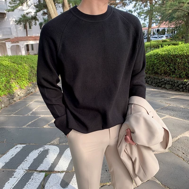 [Распродажа] Осенне-зимний Однотонный свитер, Мужская свободная Корейская Базовая рубашка с круглым вырезом, многоцветная модная игла для пар