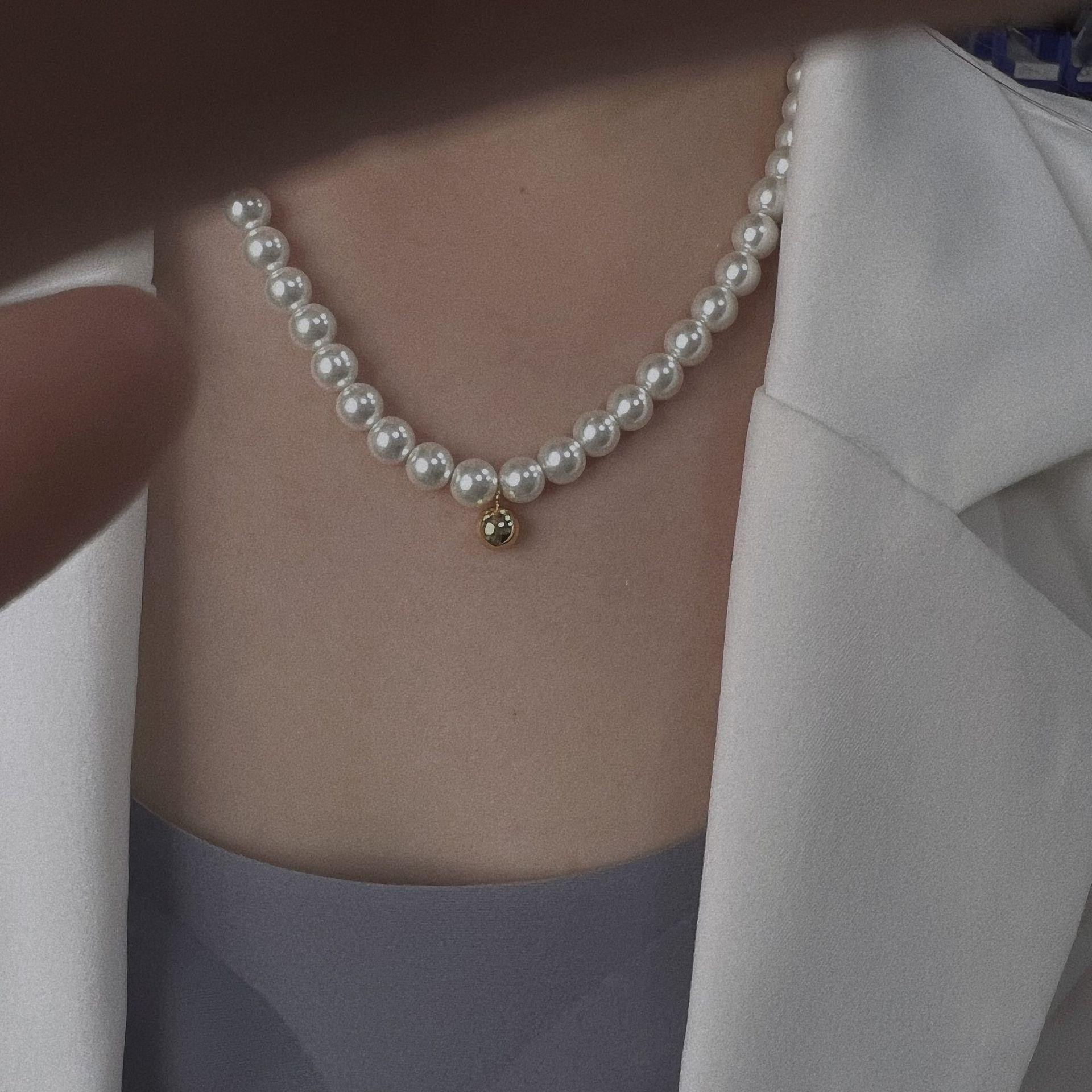 Elegant Round Titanium Steel Beaded Artificial Pearls Necklace