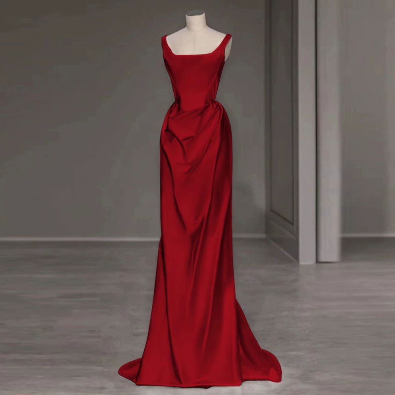 Evening dress for bride, burgundy fashionable brace, "fish tail" cut