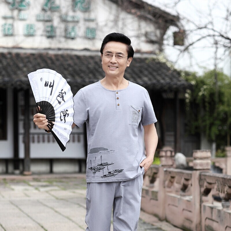 男士纯棉短袖长裤套装2025夏季中老年薄款全棉国风套装爸爸家居服