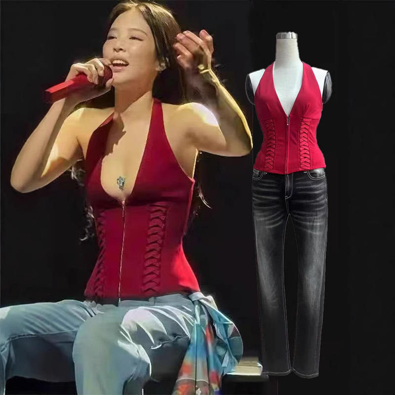 In-Stock Jennie-Inspired Red Halter Neck Camisole with Fishbone Tie Waist Top for Women