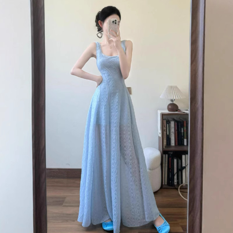 French-Style Beautiful Unique Super Pretty Waist-Cinching Slim-Fit Spaghetti Strap Long Dress, This Year's Popular Hot-Selling Dress for Summer 2025