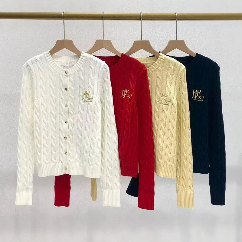 R American Chic Embroidered Twist Knitwear Cardigan Women's Autumn and Winter Pure Cotton Long-Sleeved Round Neck Knitwear 2025 New Style
