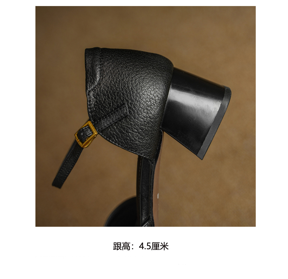 Sandal nữ da dê chạm trổ hoa văn, gót vuông 4,5 cm, mũi vuông hở mũi — đen chi tiết 19