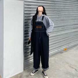 春夏韩版ins网红宽松阔腿高腰显瘦牛仔裤直筒背带长裤女学生裤子