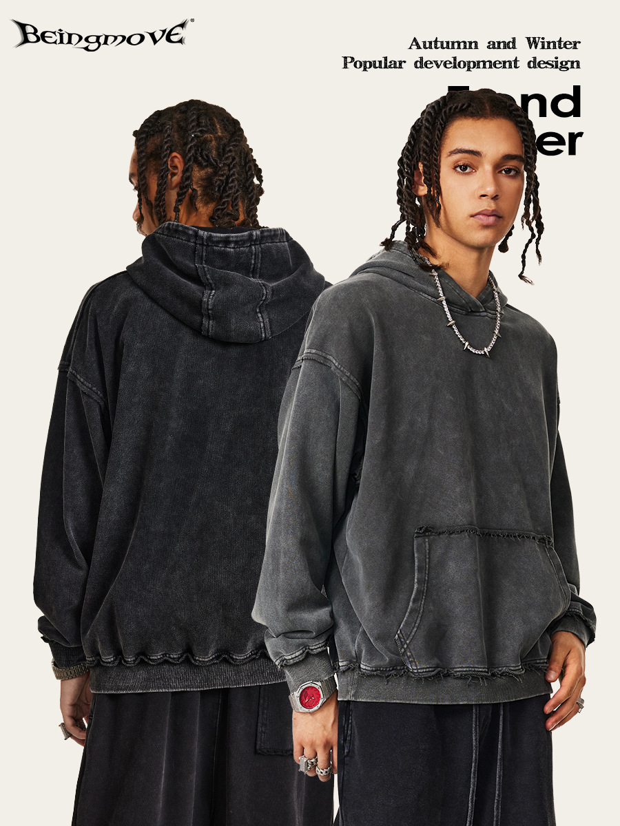 2025 otoño vintage marca de moda de color sólido chaqueta de hombre suelta grande lavado con agua hacer vieja camiseta encapuchada casual para hombres y mujeres