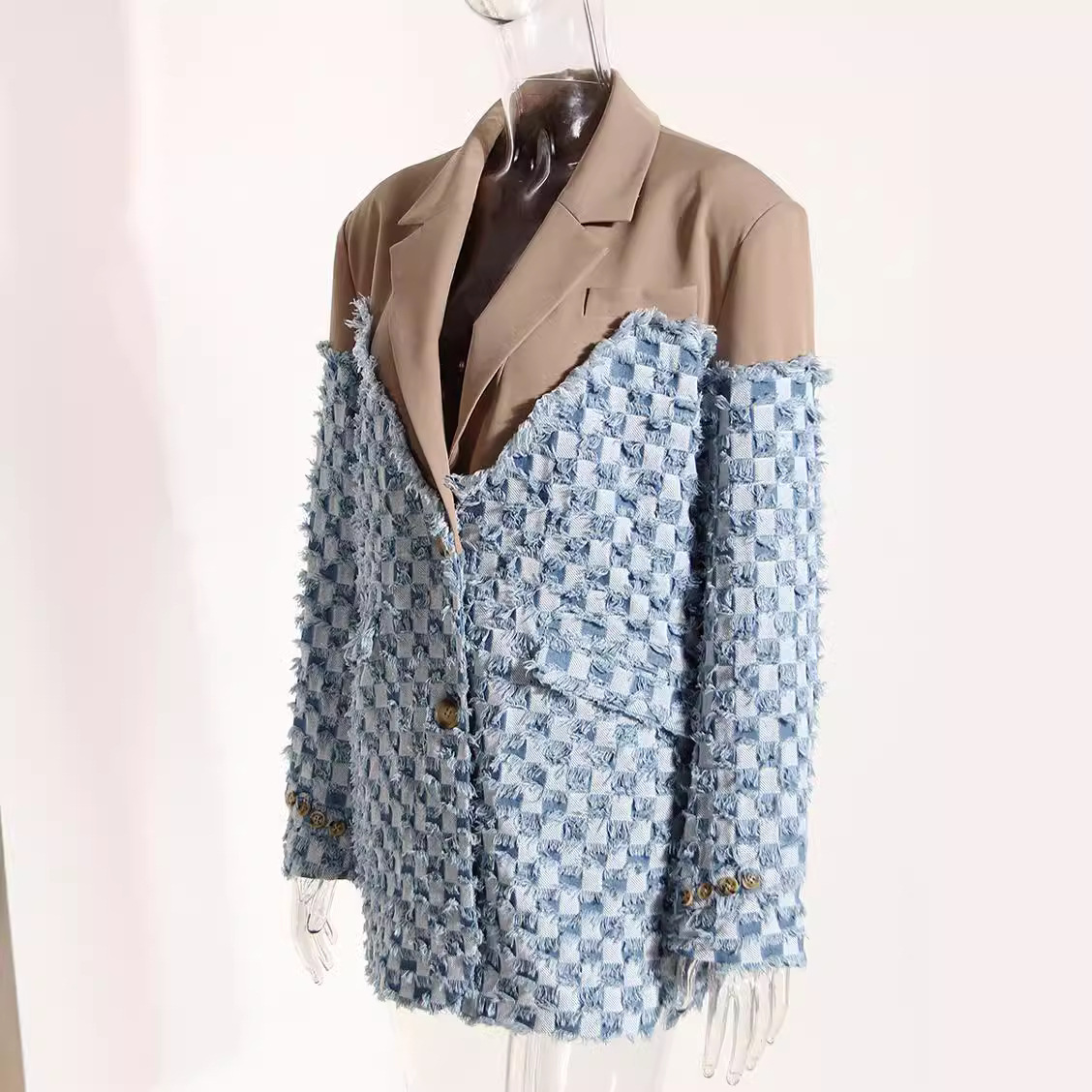 Women's Clothing Design niche suit women 2024 spring new contrast color stitching plaid washed distressed raw edge denim jacket_voghion.com