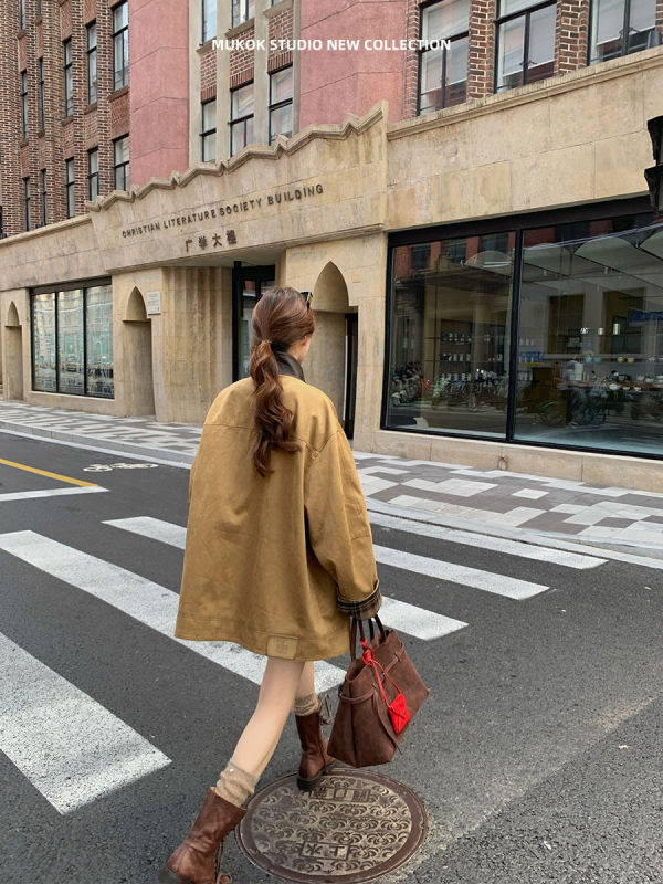 巴恩风咖色立领撞色格纹麂皮绒设计夹克外套女2025秋季新款宽松潮|undefined