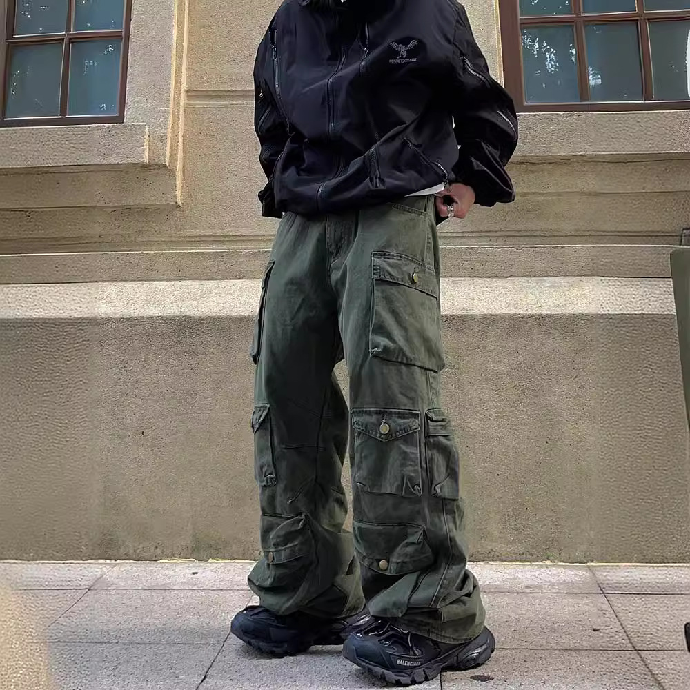 2023 estilo europeo y americano retro marca de moda casual pantalones sueltos rectos pierna ancha multi-Bolsillo overoles hombres