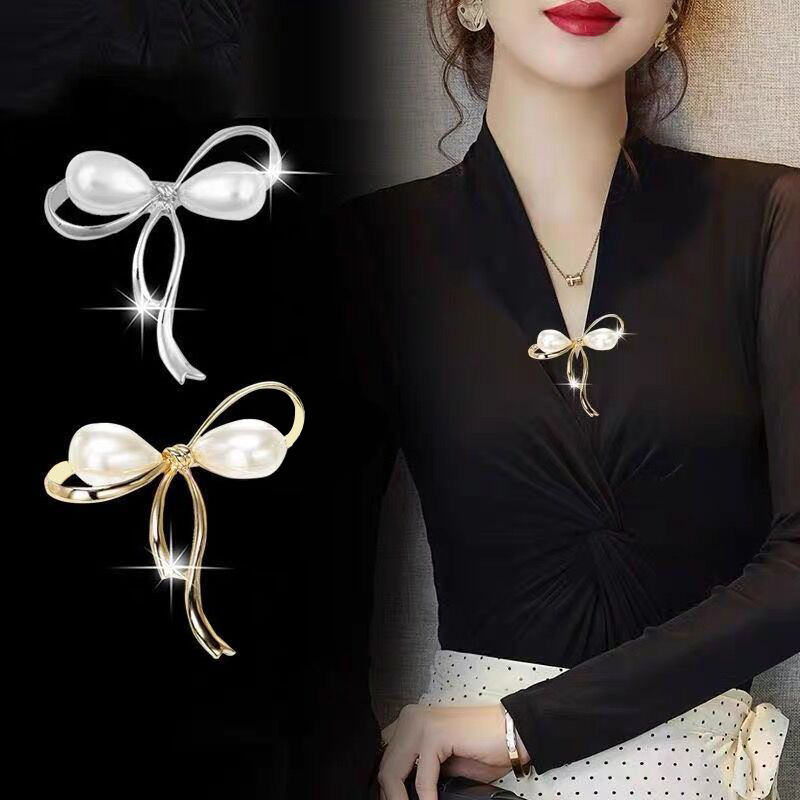 Japanese and Korean Pearl Bow Brooch for Women, High-End Corsage, Women's Neckline Anti-Exposure Pin, Cardigan Pin, Clothing Accessories