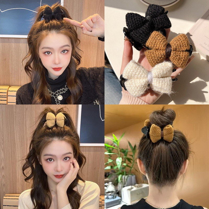 Double-sided butterfly bow hair clip, high-end autumn/winter hair accessory, yarn hair clip for the nape, high ponytail hair clip for women