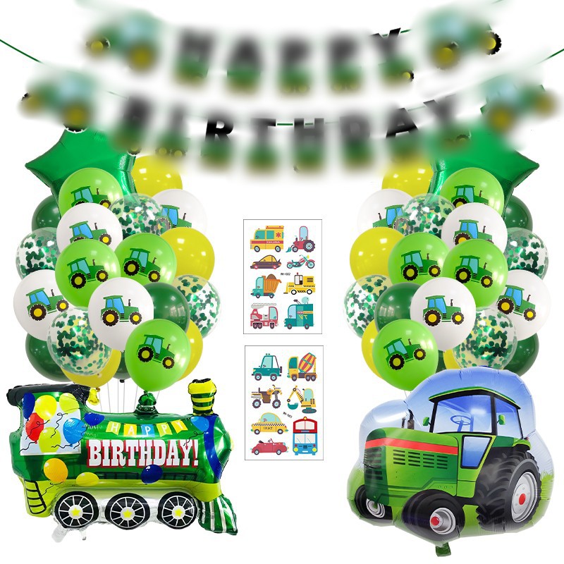 跨境拖拉機工程車乳膠氣球叉簽拉旗套裝生日派對裝飾場地布置套裝