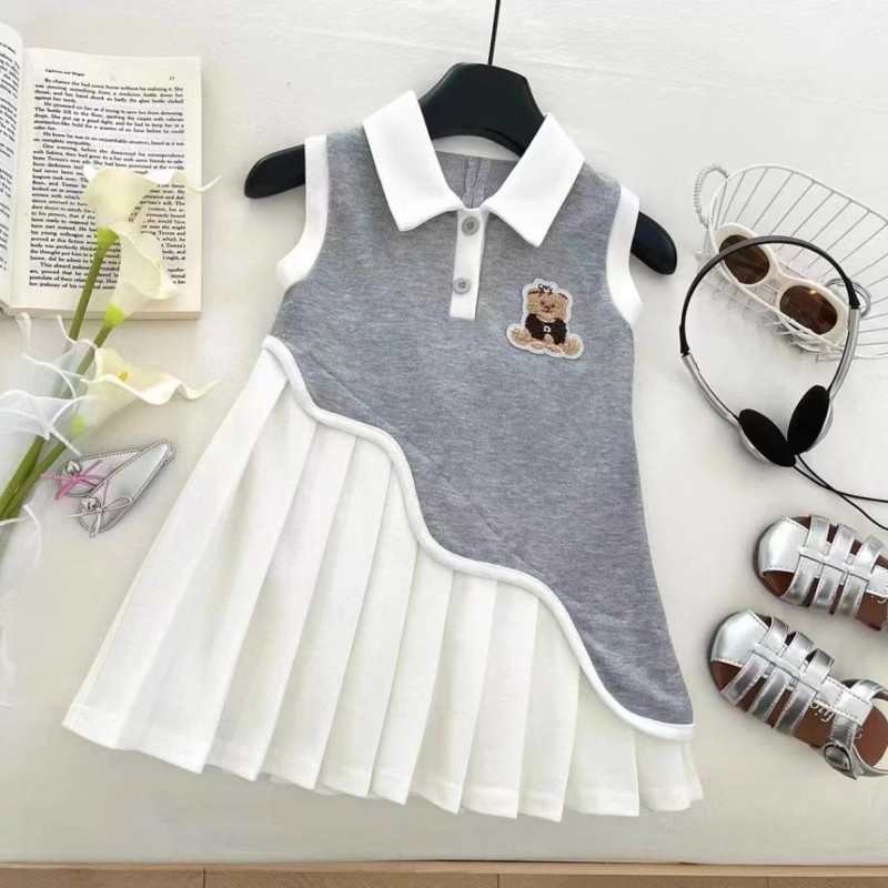 Girls Polo Dress 2025 New Girls College Style Hollow Bow T-Shirt Dress Fake Two-Piece Princess Dress