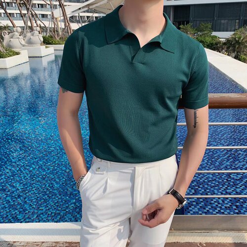 Summer Korean Men's Light Luxury V-Neck Knit Short-Sleeve Polo Shirt Trendy Model Solid Color Fashion Ice Silk Collar Half-Sleeve T-Shirt
