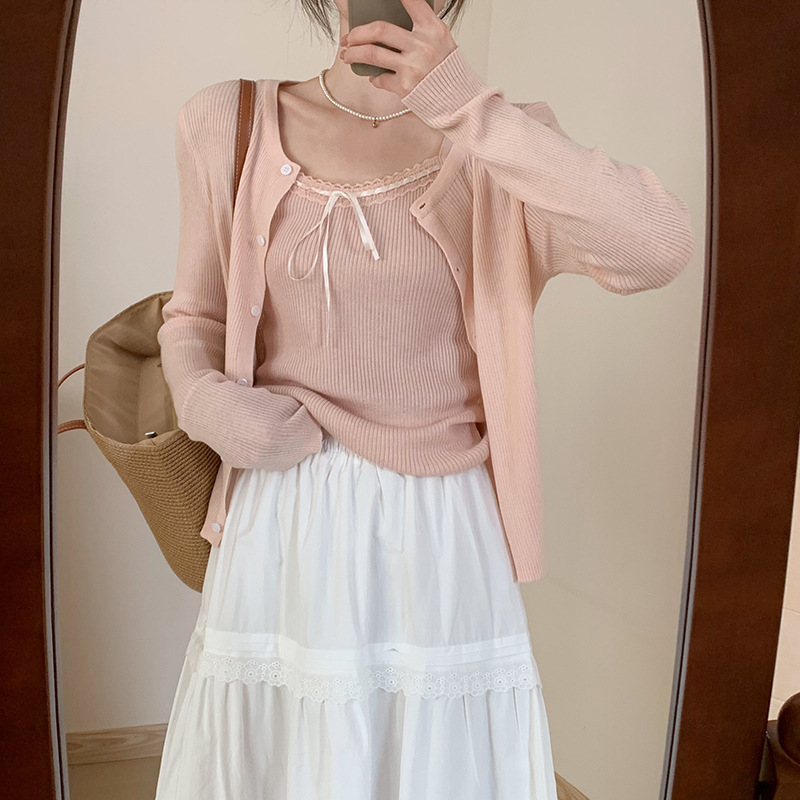 Kaning Knitted Vest Tie-Back Two-Piece Set 2026 Autumn New Sweet Style Slim Fit Knitted Cardigan for Women