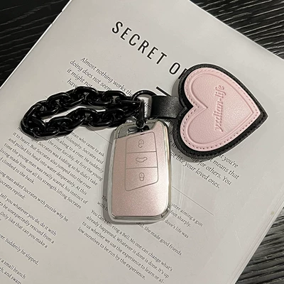 Car key bag – Car Key Case for Women - volkswagen-c-model-quicksand-pink-black-chain-leather-pink-heart