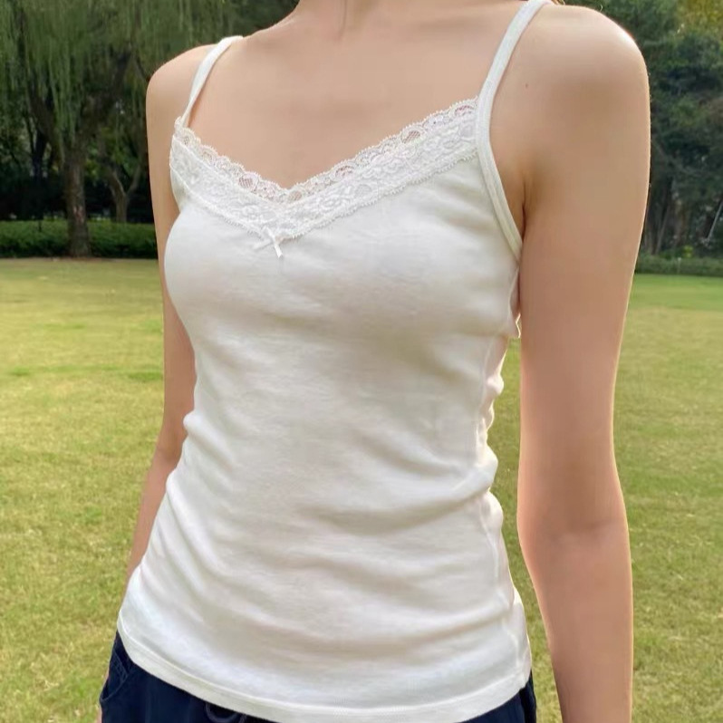 Bm Style New Hot Girl White Lace Bow V-Neck Camisole for Women, Versatile for Both Inner and Outer Wear
