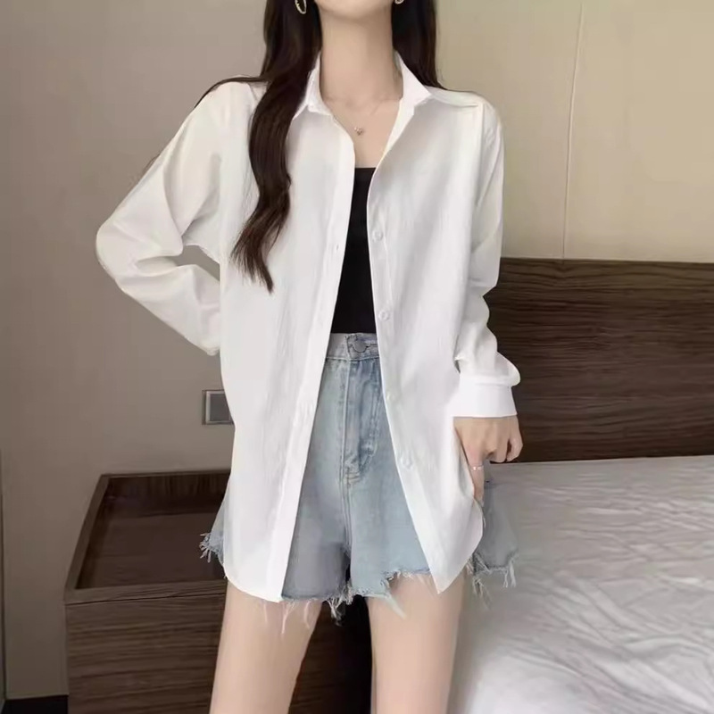 Polo Collar Long Sleeve Shirt Women's 2024 Spring and Autumn New Design Sense Niche Solid Color Mid-length Loose Top Women