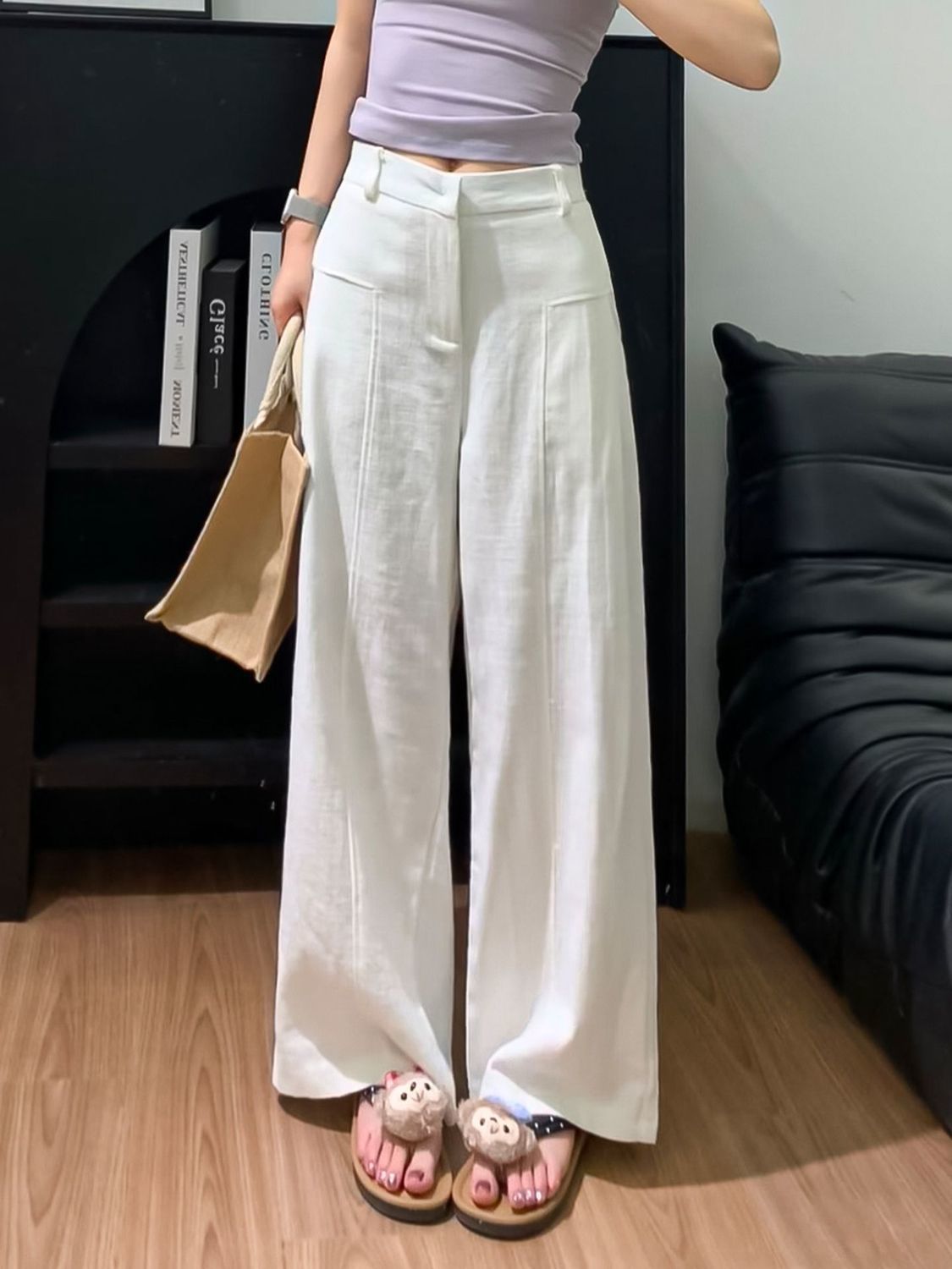 White Linen and Ramie Wide-Leg Pants for Women, Summer Thin High-Waisted Drapey Old Money Style Cotton and Linen Tencel Suit Casual Pants