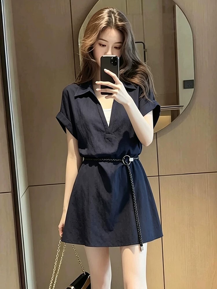 Váy suông nữ tay ngắn cổ lật thiết kế giả hai lớp — đen