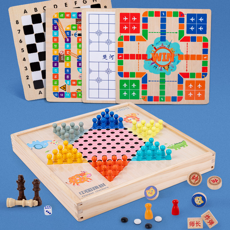 De madera todo-en-uno damas volando ajedrez gobang bestia juego de ajedrez multifunción ajedrez niños estudiante juguetes educativos