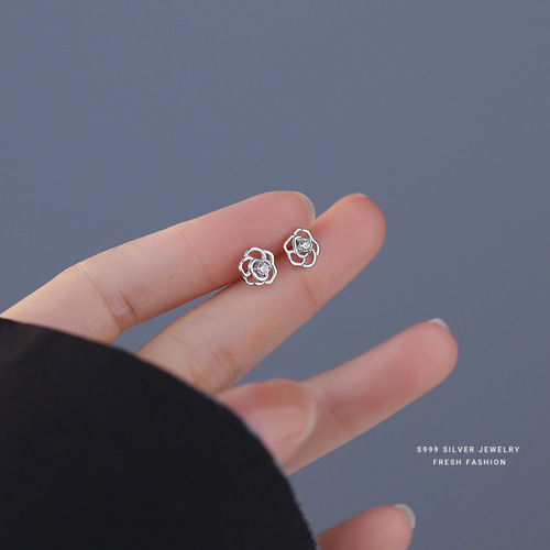 Forest-style small fresh s999 sterling silver rose earrings for women light luxury simple temperament zircon flower feet white ear jewelry