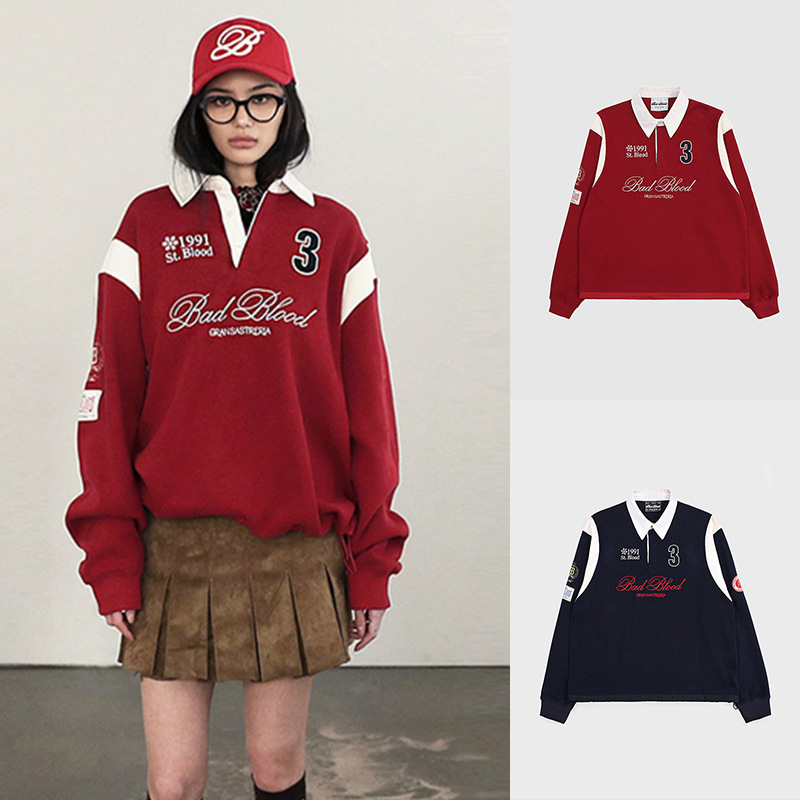 Korean Badblood Bcac Series American Retro Sweatshirt Women's Jersey Red Rugby Sports Jacket Trendy