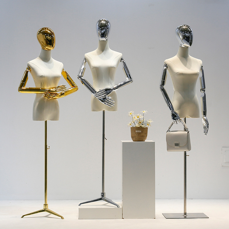 Fitting room mannequin stand, clothing store window display, wedding dress mannequin props, female model display rack, full-body and half-body female mannequin, electroplated head