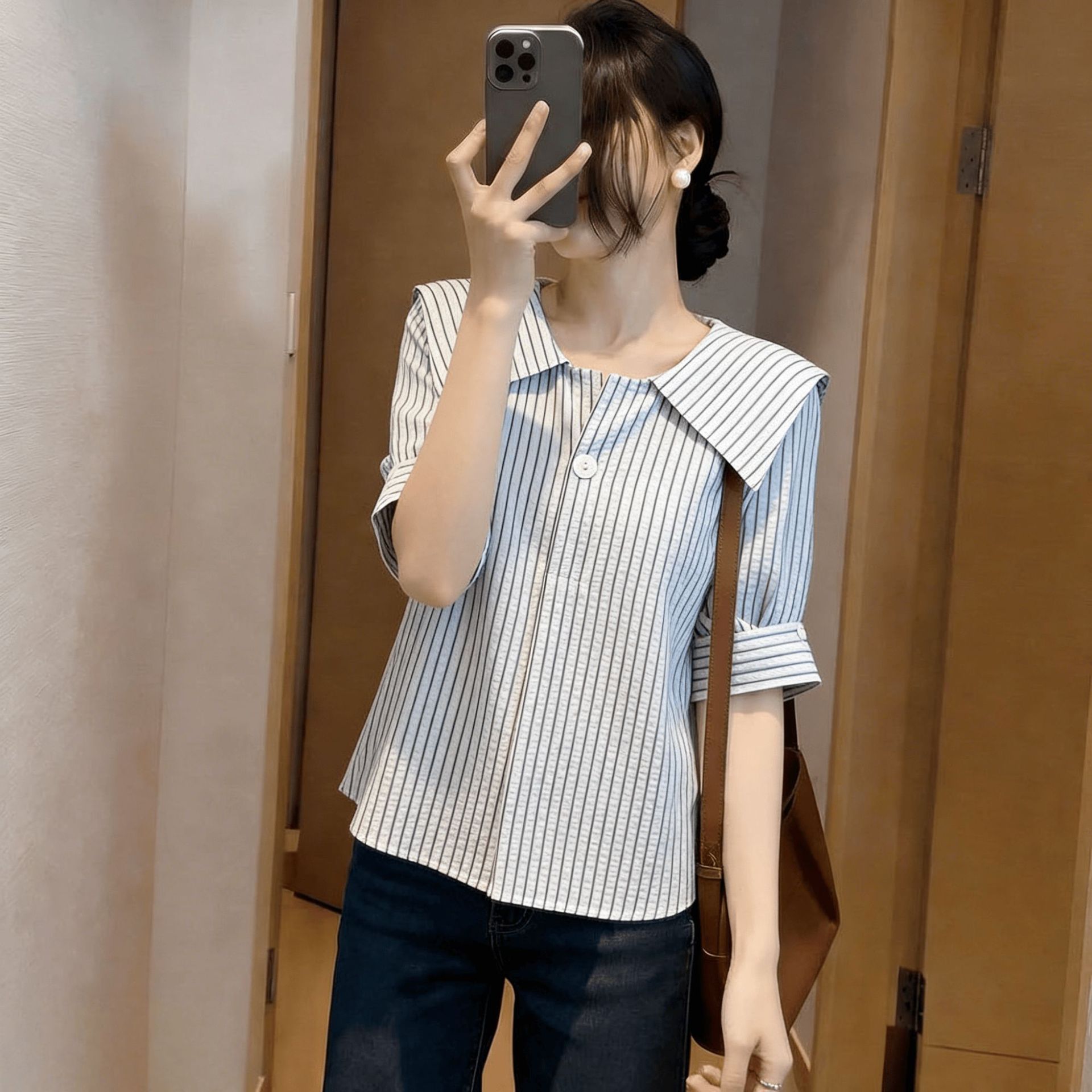 Áo sơ mi nữ tay ngắn cổ bẻ sọc hải quân phong cách Hàn Quốc — xanh lam chi tiết 3