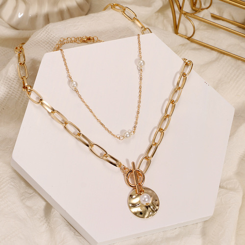 Korean jewelry cross-border European and American retro ring bronze beads multi-layer geometric hexagon circle arrow necklace