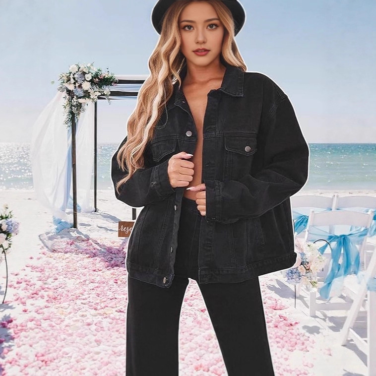 Cross-Border European and American Export New Amazon Aliexpress Black Denim Jacket Women's Loose Jacket Long-Sleeved Top Cross-Border European and American Export New Amazon Aliexpress Black Denim Jacket Women's Loose Jacket Long-Sleeved Top