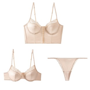 New French Beautiful Back Intimates for Women, Thin Satin Lace, Pure Lust, Sexy Front Button Bra, T-Pants Set