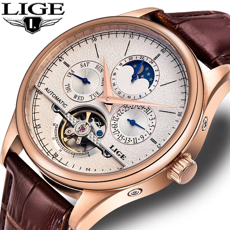 LIGE calendario semana nuevo movimiento mecánico automático hueco de negocios Sun Moon Star reloj de hombre 6826