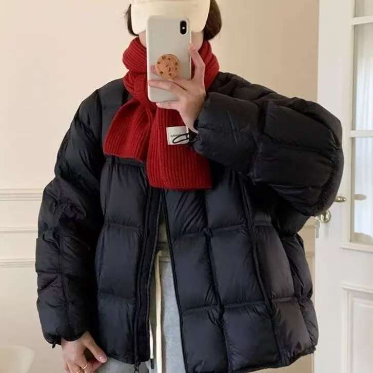 Unmun Winter New Korean Version 2025 Round Neck Cute Small Checkered Loose Warm Puffer Jacket Cotton Coat Black Lemon