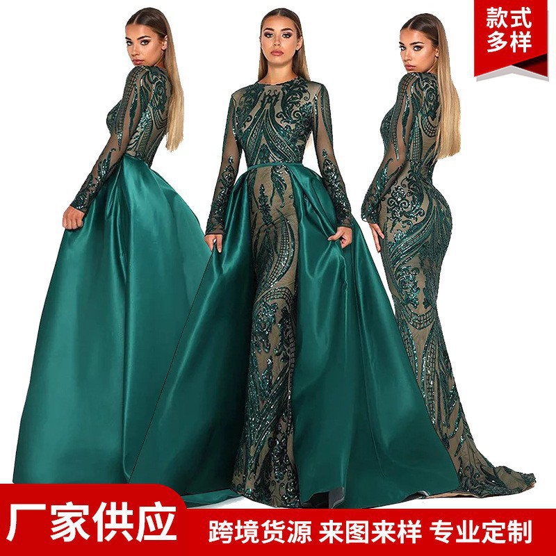 Amazon European and American Evening Dresses Cross-Border Women's Clothing Fishtail Long-Sleeved Light Luxury Small Train Banquet Catwalk Elegant Evening Dress