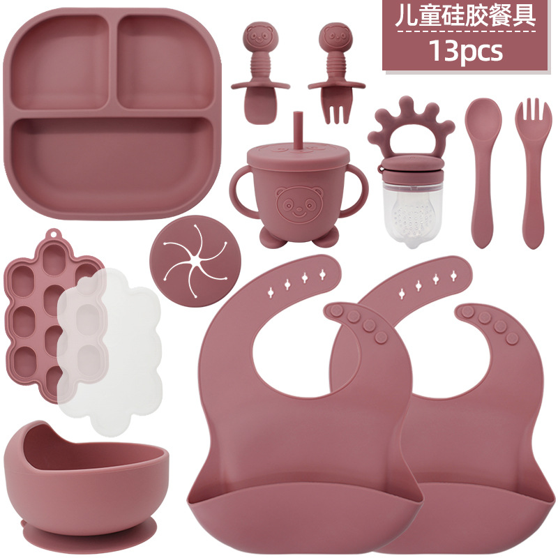 Juego de vajilla de silicona para niños transfronterizos Tazón de comida especial para bebés y niños pequeños Cuchara de silicona de grado alimenticio Juego completo de babero