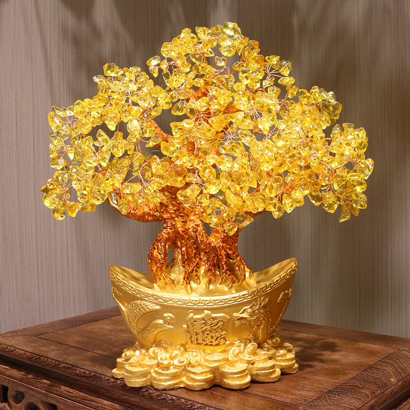 Factory Wholesale Yellow Crystal Yuanbao Tree, Fortune Tree, Prosperity Tree, Wealth Attracting Home and Office Decor, Opening Gift