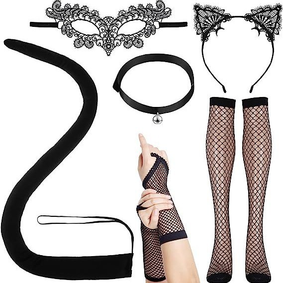 Disfraz de princesa gato para Halloween, diadema con orejas de gato, máscara de ojos de encaje negro, máscara facial.