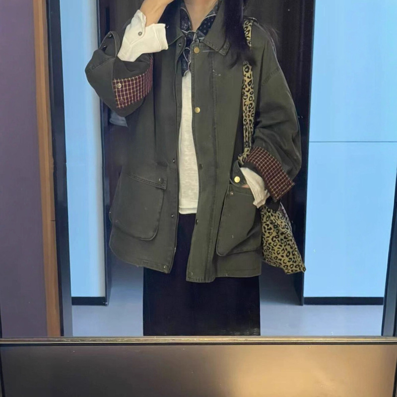 复古感满满~格子拼接牛仔夹克女2025年秋季韩版百搭宽松牛仔外套|undefined