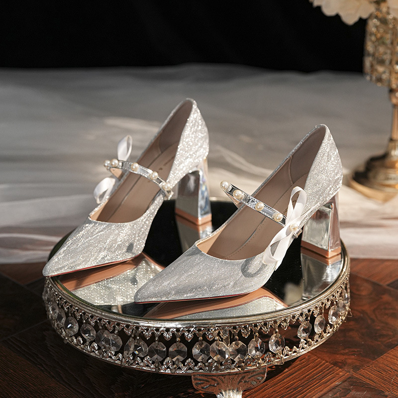 7777-2 Tiger Skin Pattern High Heels Women's 2025 Spring New Style Pointed Toe Thick Heel Pearl Strap Main Veil Xiuhe Wedding Shoes