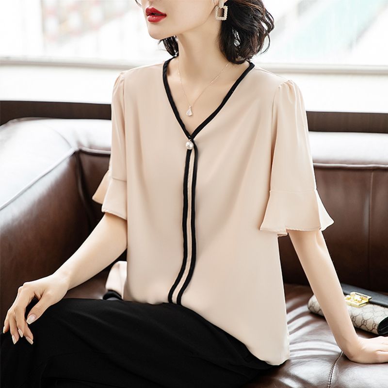 中年套装衣女妈妈洋气夏装雪纺短袖T恤2025新款中老年女装喇叭袖