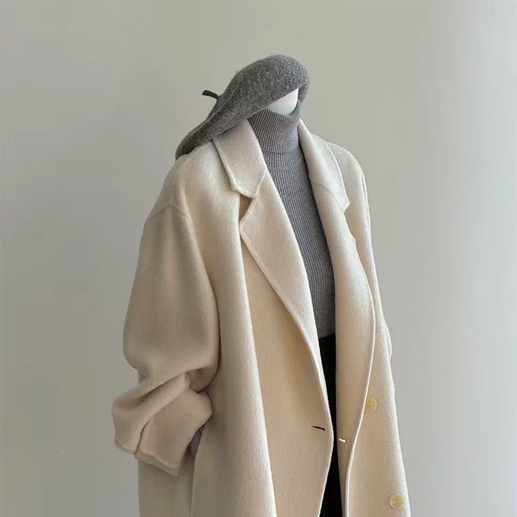 Light Luxury Off-White Double-Sided Cashmere Coat for Women, 2026 Autumn and Winter New Korean Style, White Moonlight Elegant Woolen Thin Coat Light Luxury Off-White Double-Sided Cashmere Coat for Women, 2026 Autumn and Winter New Korean Style, White Moonlight Elegant Woolen Thin Coat