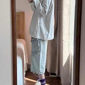 美式复古多口袋工装水洗七分牛仔裤女夏季宽松中裤直筒阔腿短裤潮