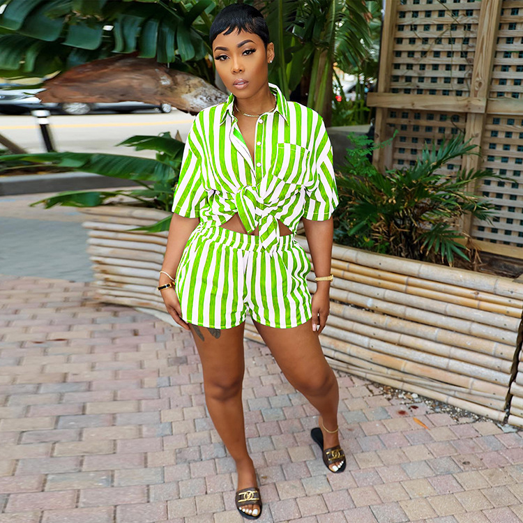 JH5963 European And American Women's Independent Station Summer Fashion Striped Print Loose Shirt Two-Piece Set_ecoleips.com