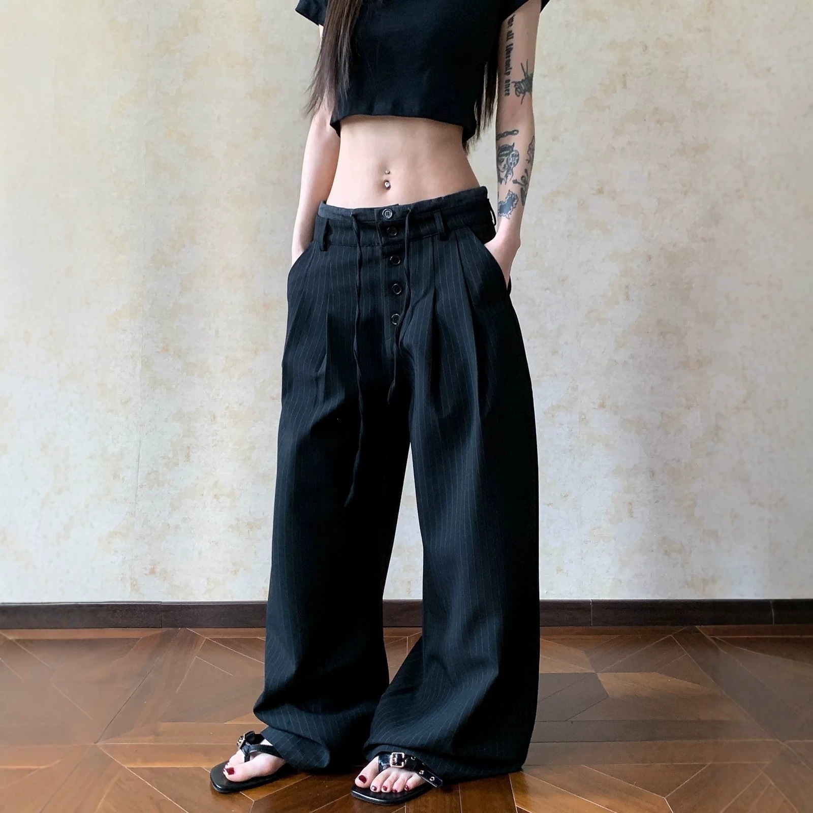 美式复古高级感双腰头条纹休闲西裤男女垂感宽松显瘦抽绳拖地裤子